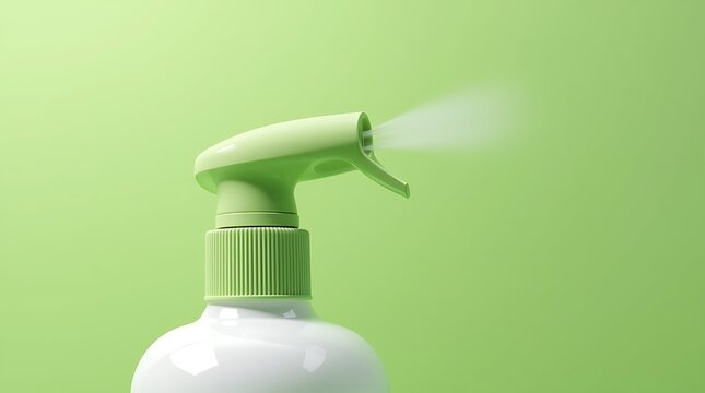 Green Spray Bottle Dispensing Mist Against Green Background.