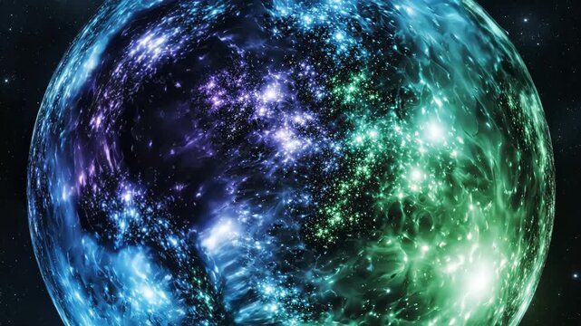 Abstract glowing planet or orb filled with swirling blue and green nebula clouds and sparkling stars in deep space