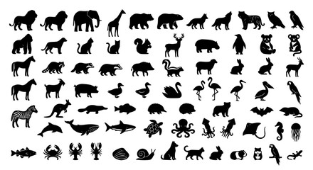 Obraz premium Animal silhouette vector collection with monochrome wildlife and pet icon illustrations