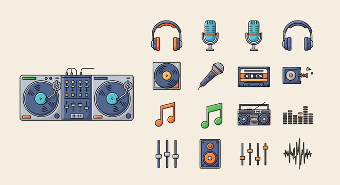 Sound equipment and music icons set.