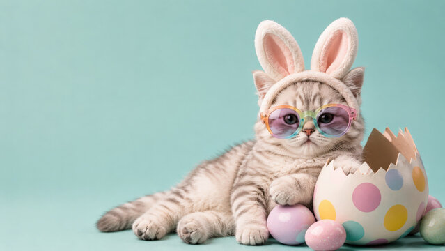 Cute cat bunny ears sunglasses pastel egg playful Easter blue background adorable