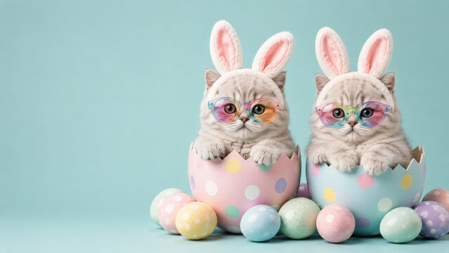 Cute kitten bunny ear pastel egg glasses playful blue background Easter adorable