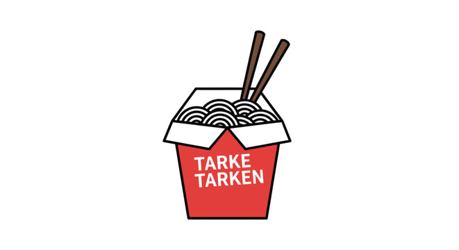 Red takeout box with noodles.