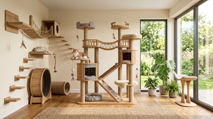 Naklejka na ściany i meble Modern cat tree and activity center with hanging elements and climbing structures, providing a stimulating environment for felines
