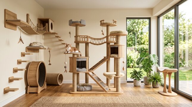 Modern cat tree and activity center with hanging elements and climbing structures, providing a stimulating environment for felines