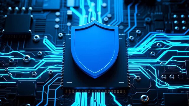 Blue circuit board with shield icon