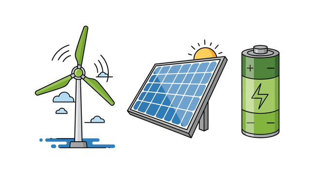 Renewable energy sources wind turbine solar panel and battery.