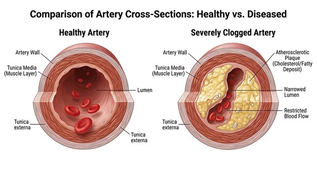 Healthy Artery Compared with Severely Clogged Artery Cardiovascular Disease Illustration