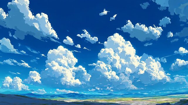 Vector daytime landscape sky with soft clouds, clean anime style background design
