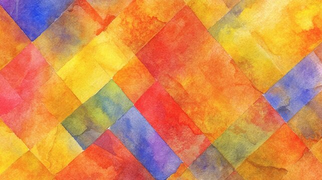 Layered watercolor abstract background with diagonal translucent rectangles in warm red, orange, yellow, green, and blue, overlapping stained-glass effect with soft paper texture