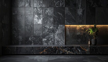 A serene interior scene with a potted plant on a marble bench against a dark marble wall with ambient lighting.
