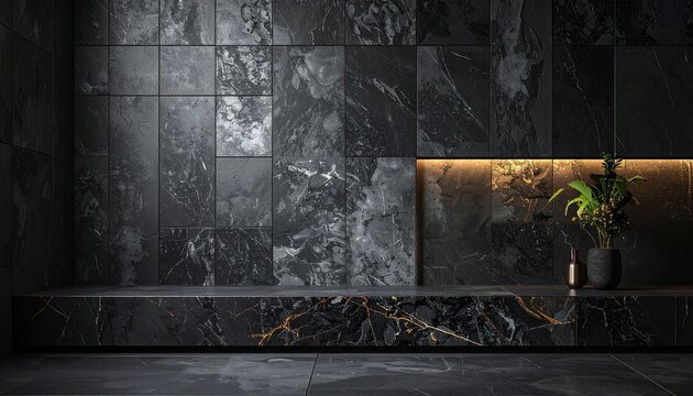 A serene interior scene with a potted plant on a marble bench against a dark marble wall with ambient lighting.