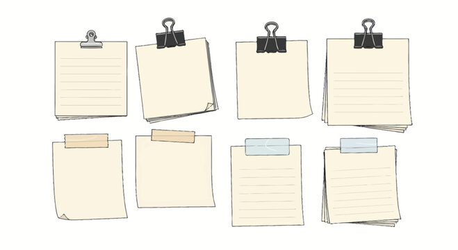 Collection of lined paper notes with binder clips and tape on white background