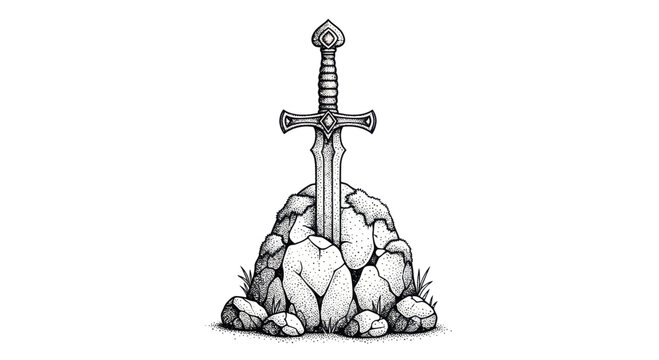 Fantasy Sword in Stone Drawing - Ancient Weapon Legend