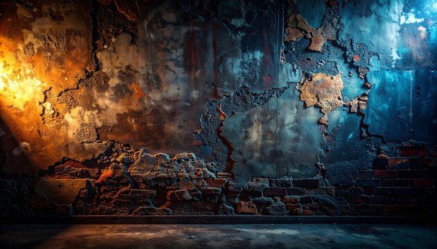 A dramatic scene of a dilapidated wall with cracks illuminated by vibrant lights in an abandoned place