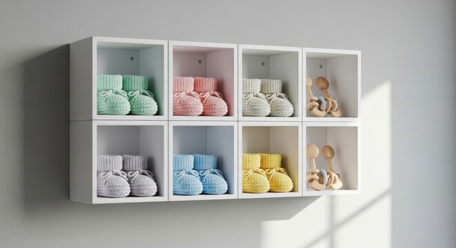 Colorful knit baby booties neatly arranged in white modular shelving units