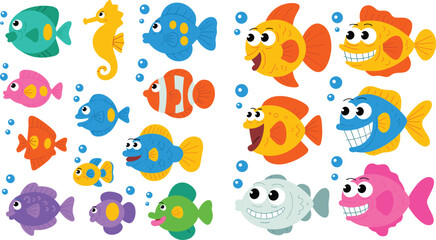 Obraz premium Cartoon sea creature illustrations with colorful fish, seahorse, and underwater vector design concepts