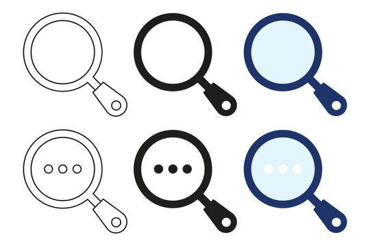 Search magnifying glass icon set with exploration and find symbols in outline, solid, and flat style for web and app interface.