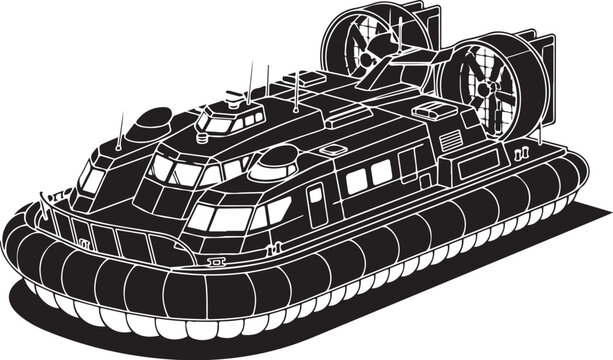 Vector hovercraft, black and white illustration, futuristic boat design, transportation vehicle