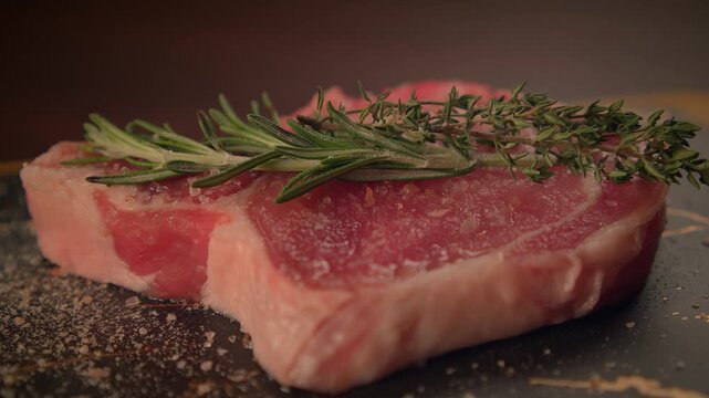fresh cut raw steak with rosemary on dinner table
