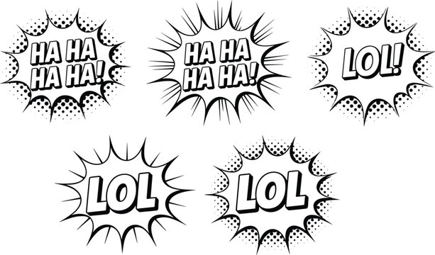 Comic laughter speech bubble illustrations with expressive text and pop-art vector design concepts