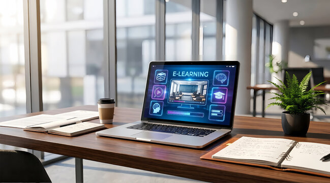 Modern E-Learning Workspace with Laptop Showing Online Education Interface in Contemporary Office Environment
