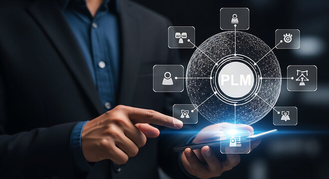 Businessman Using Smartphone for Product Lifecycle Management PLM Digital Concept