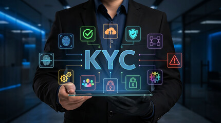 Obraz premium Businessman Holding Tablet with KYC Identity Verification and Biometric Cyber Security