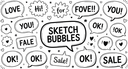 Hand-drawn speech bubble illustrations with playful text phrases and decorative sketch vector design concepts © Creative Stoker