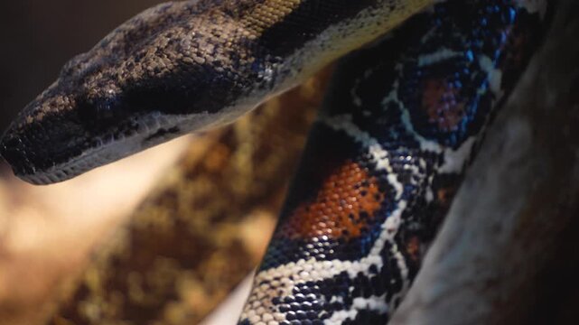 Close up of a python or Boa constrictor snake head slowly moving over rocks with the tongue coming out.