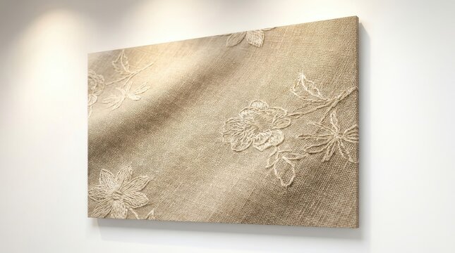 Beige linen look wallpaper with subtle embroidered floral patterns offering a delicate texture.