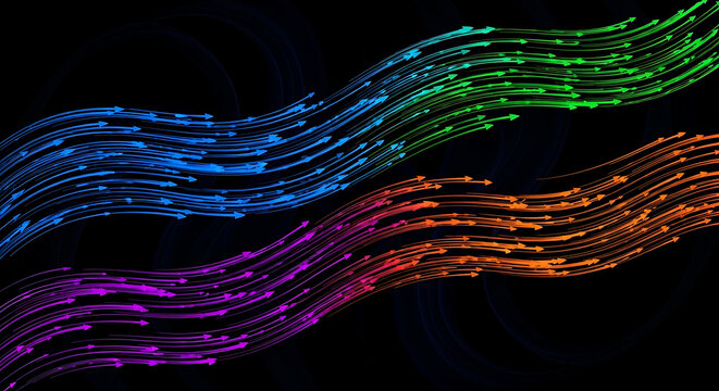 Colorful flowing lines and arrows on black background, abstract neon motion graphic