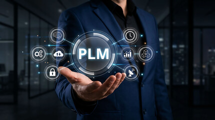 Fototapeta premium Businessman holding PLM hologram with digital cloud icons and business automation