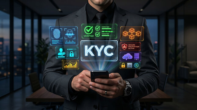 Businessman verifying KYC identity with secure digital encryption and biometric data