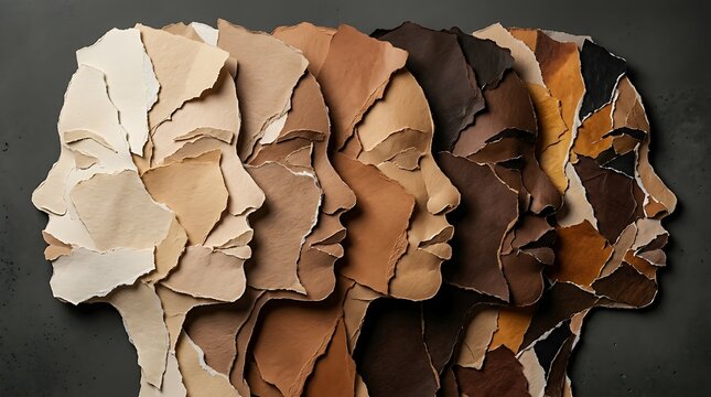 Diversity faces, multi ethnic profiles, skin tones, paper cutouts, equality concept