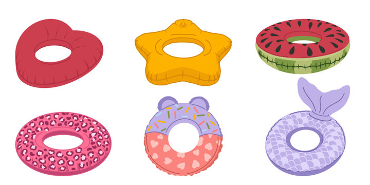 Collection of summer pool floats including heart, star, watermelon, donut, leopard print and mermaid tail shapes. Isolated elements for beach vacation design.