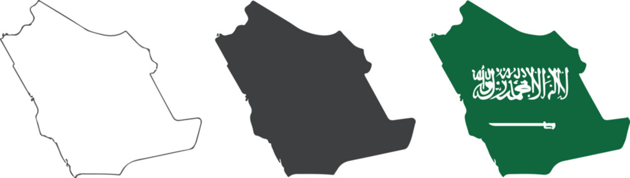 Saudi Arabia map set with outline silhouette and national flag design vector illustration for middle east geography and travel,