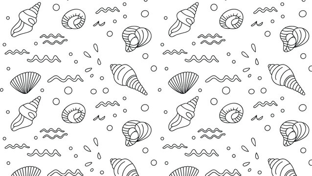 Seamless seashell pattern illustrations with bubbles, waves, and marine decorative vector design concepts