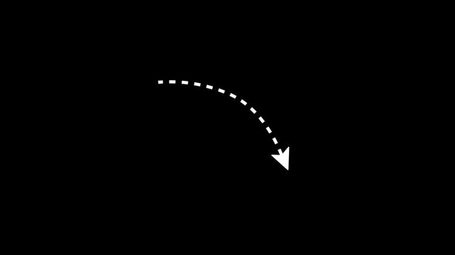 Simple dotted line arrow animation, downward curved arrow line, 4K video