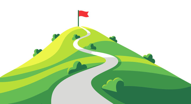 Road to success: Winding path up green hill to red flag summit, illustration