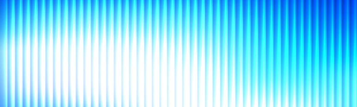 Abstract vector gradient with ribbed glass texture on blue neon background. Transparent glasses with glossy reflection effect, vertical light lines. Futuristic textured pattern, wave surface. 
