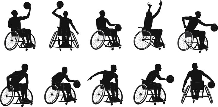 Wheelchair Basketball Player Silhouette Set Showing Sport Action Poses for Disability Awareness