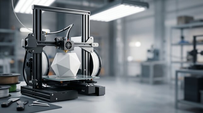 3D printer creating a geometric plastic model inside a bright workshop