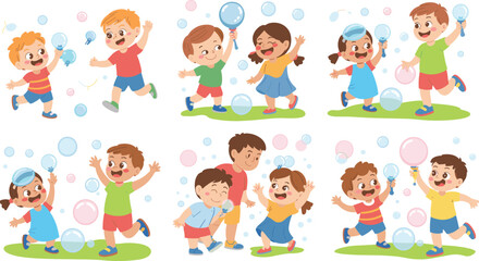 Fototapeta premium Cartoon children playing with bubbles outdoors in joyful scenes and colorful vector design concepts