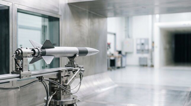 Aerospace missile prototype being tested inside a professional wind tunnel