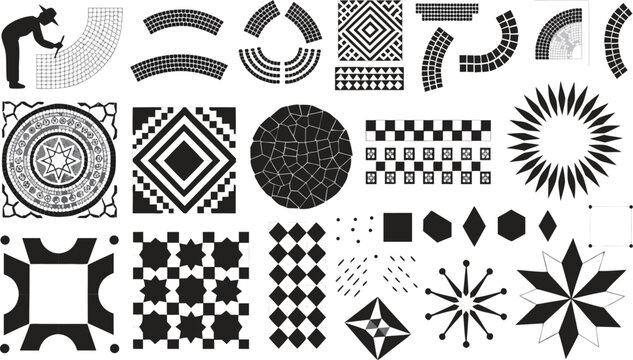 Mosaic Tile Geometric Pattern Mandala Diamond Sunburst Islamic Ornament Black White Vector Set Bundle