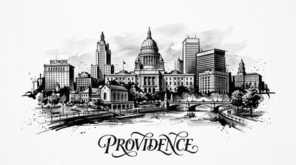 Obraz premium Providence skyline silhouette featuring the Rhode Island State House dome, historic downtown buildings, and riverfront architecture, expressive hand-lettered typography below reading 