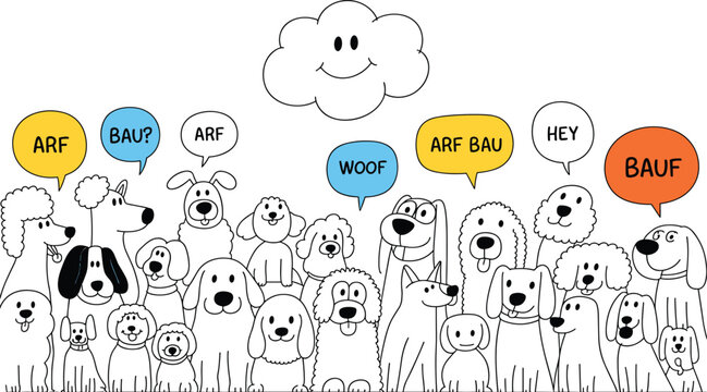 Cartoon dog speech bubble illustrations with barking sounds and playful vector design concepts