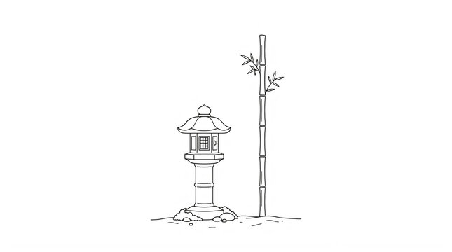 Japanese Stone Lantern and Bamboo Line Art Illustration