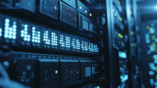 Server Room Rack with Glowing Blue Lights and Data Flow